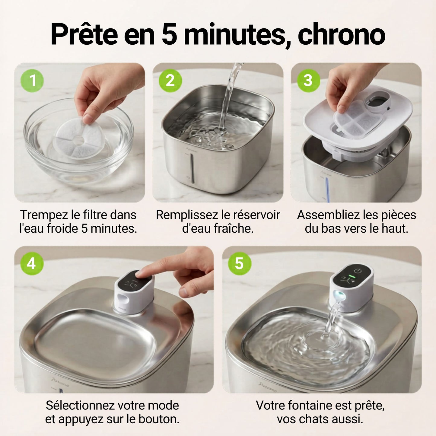 fontaine à eau pour chat sans fil 4L inox, installation facile 5 étapes, distributeur eau chat filtre charbon, prête en 5 minutes, catedo
