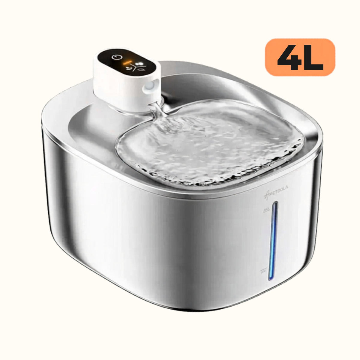 fontaine à eau pour chat sans fil 4L inox, distributeur eau chat grande capacité, LED bleu niveau eau, fond blanc catedo
