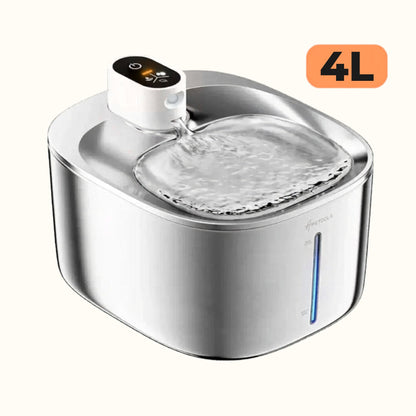 fontaine à eau pour chat sans fil 4L inox, distributeur eau chat grande capacité, LED bleu niveau eau, fond blanc catedo