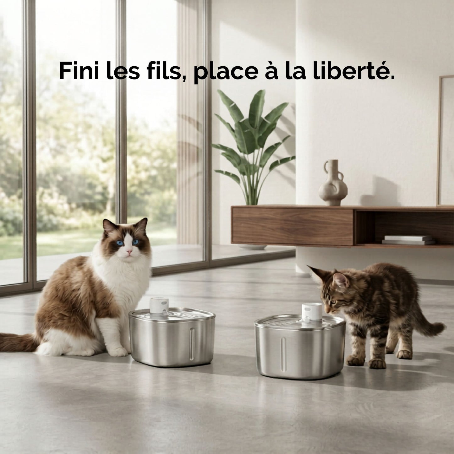 fontaine à eau pour chat sans fil 4L inox, distributeur eau chat sans fil, chat ragdoll maine coon salon moderne, fini les fils, catedo