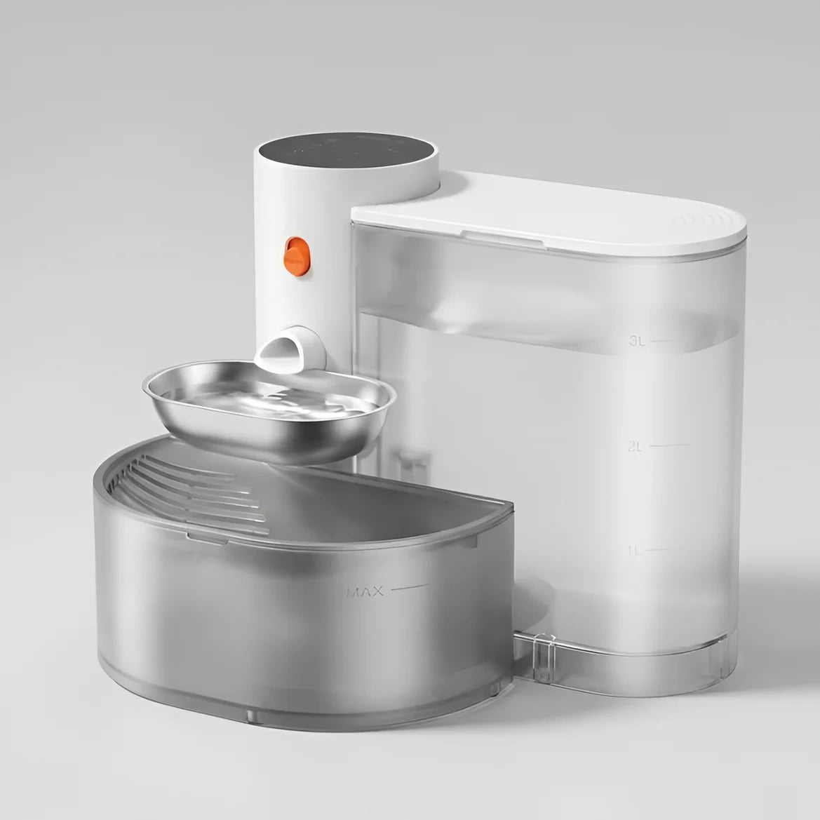 Fontaine à eau pour chat sans filtre avec bol en inox V2, double réservoir eau propre et eau usée, capacité 3,5L, vue produit complète