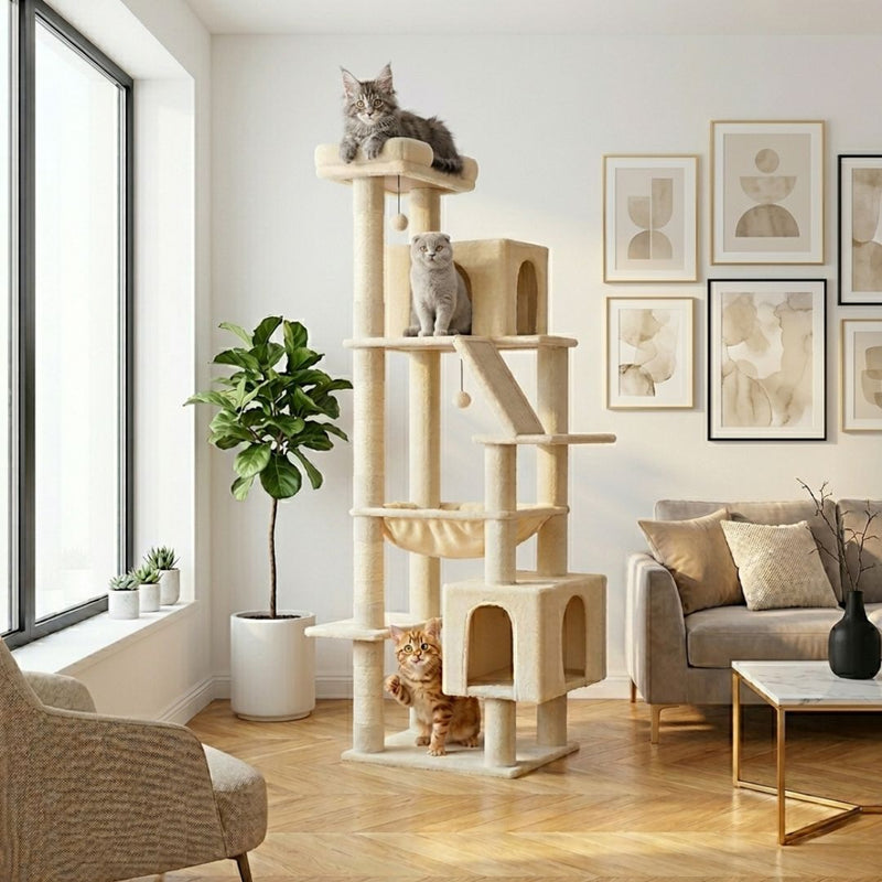 Grand arbre à chat beige multi-niveaux dans un salon moderne, avec deux cabanes, un hamac et des poteaux griffoirs en sisal, occupé par trois chats