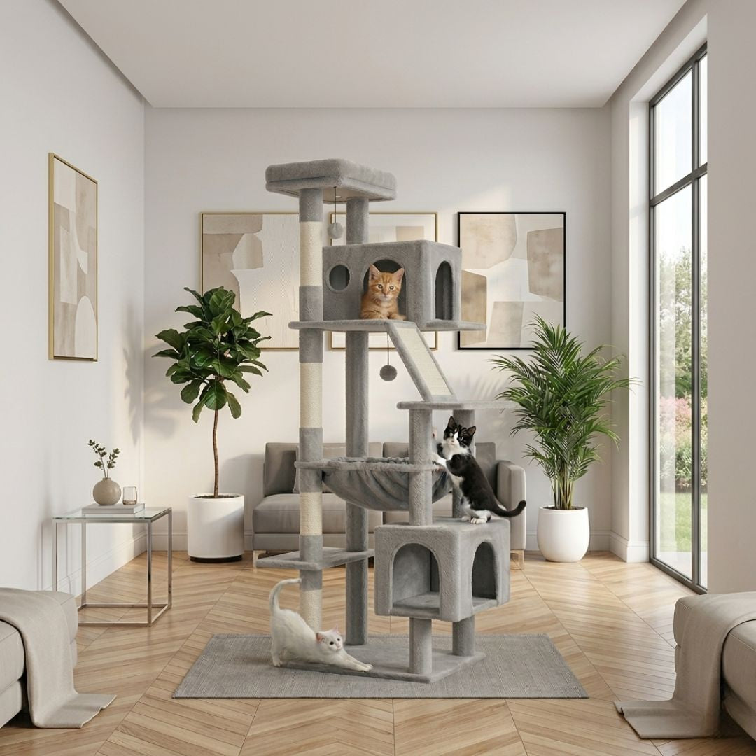grand arbre à chat gris clair salon moderne trois chats double cabane hamac griffoir sisal rampe inclinée pompon