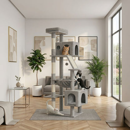 grand arbre à chat gris clair salon moderne trois chats double cabane hamac griffoir sisal rampe inclinée pompon