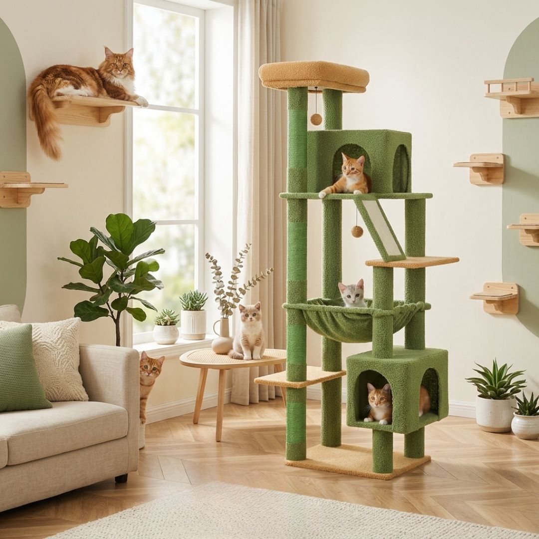 grand arbre à chat vert et beige salon scandinave cinq chats double cabane hamac griffoir sisal rampe pompon