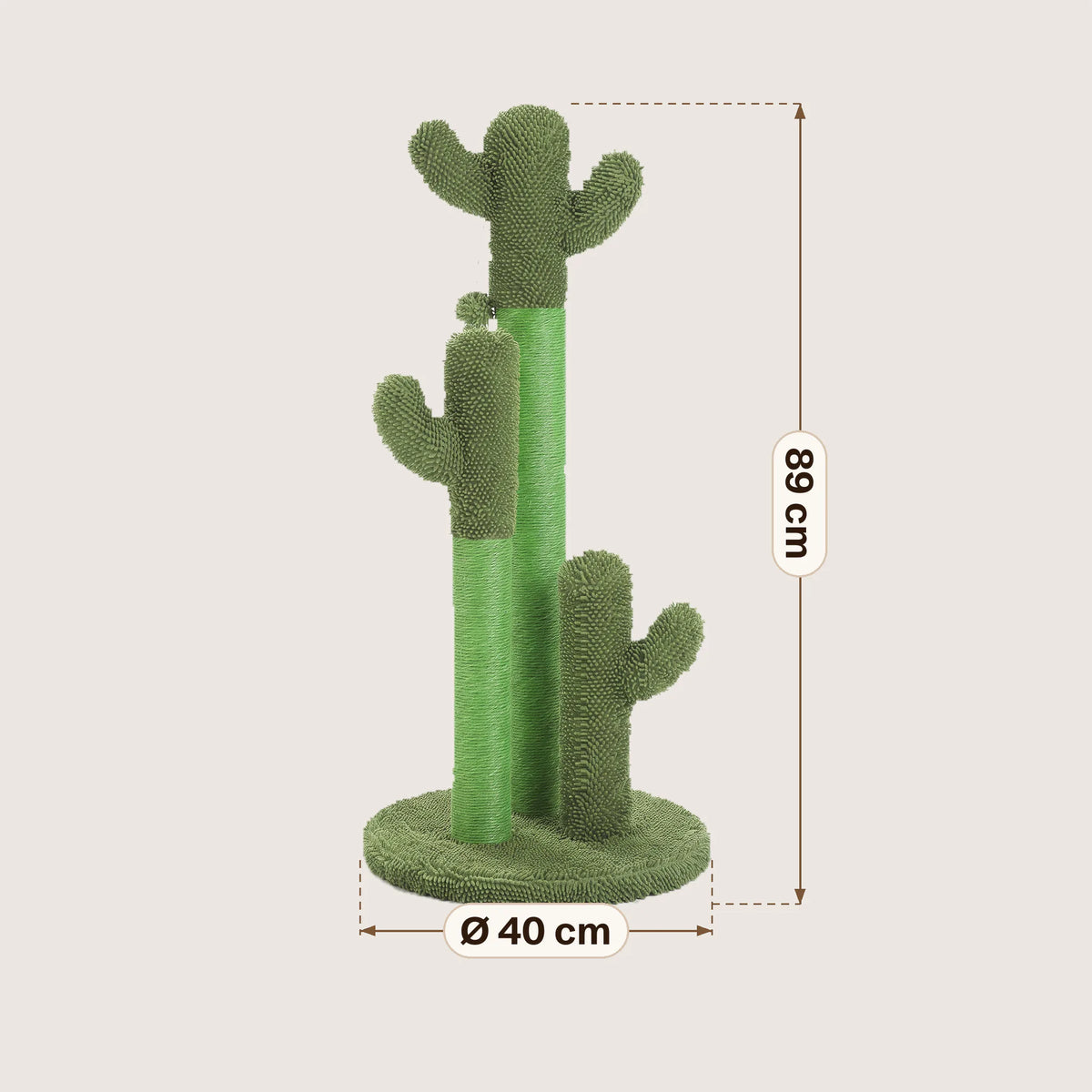 Dimensions du griffoir cactus : 89 cm de haut, poteaux de 83, 58 et 33 cm, socle de 40 cm