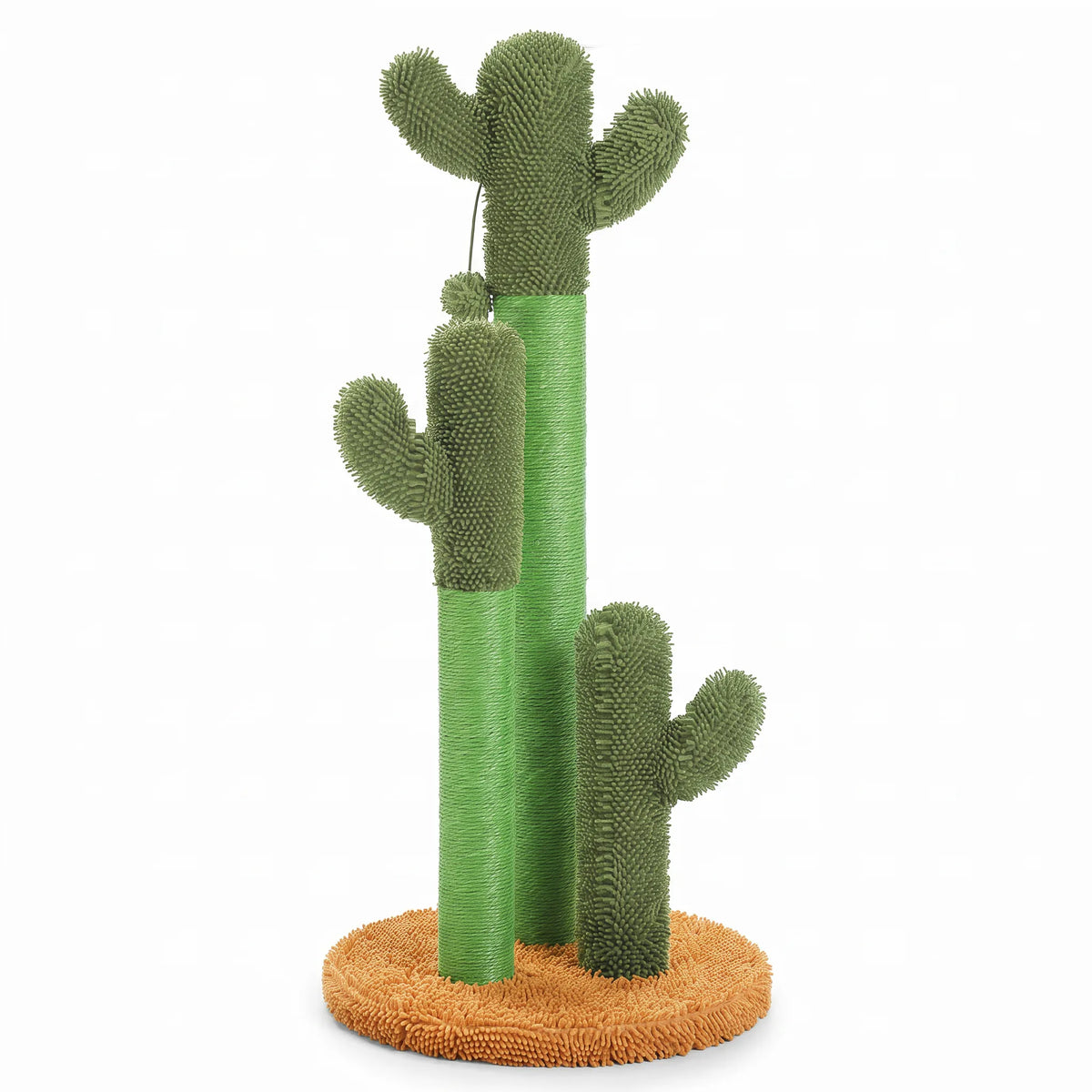 Griffoir cactus pour chat à trois poteaux en sisal et peluche, socle caramel, sur fond blanc