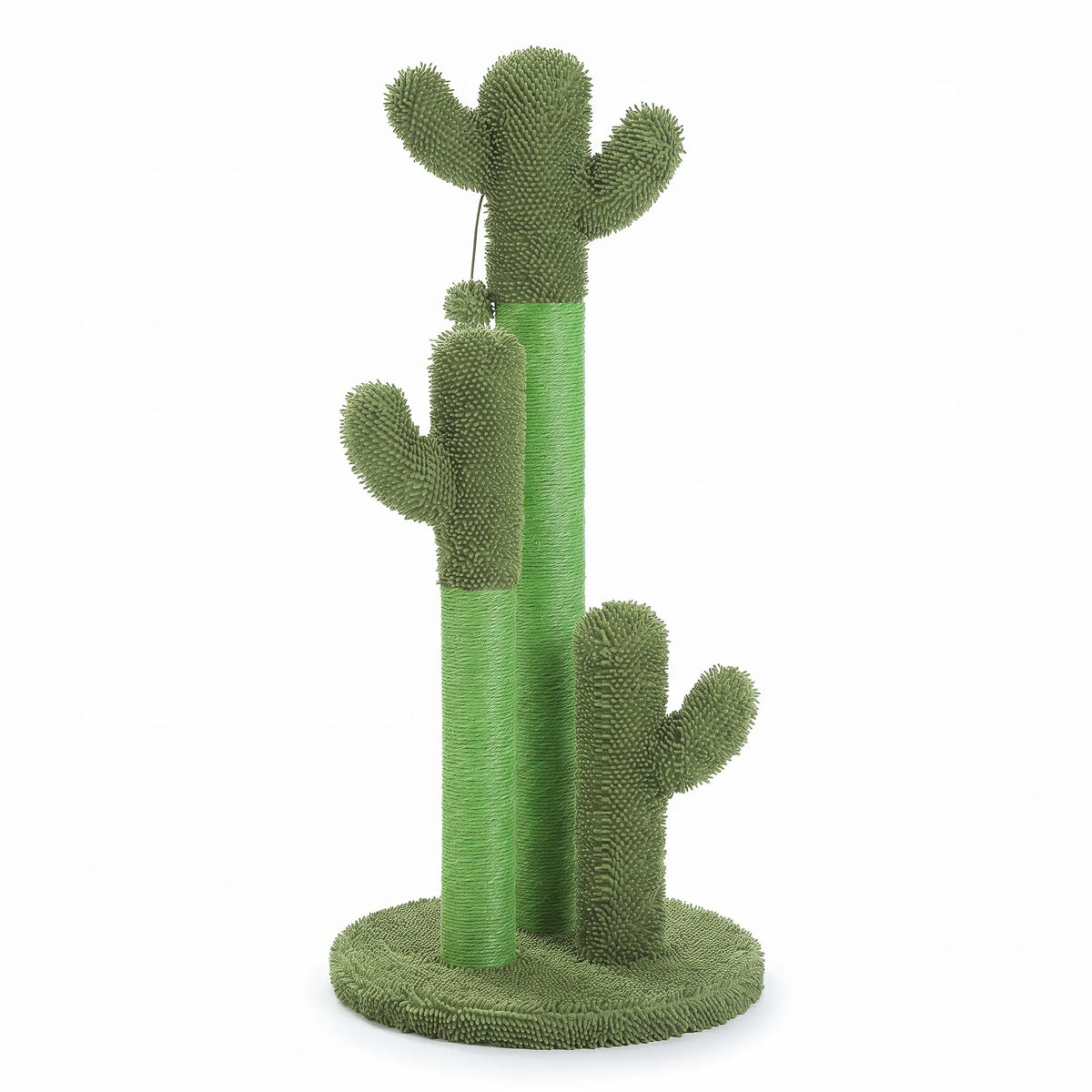 Griffoir cactus pour chat à trois poteaux en sisal et peluche, socle vert, sur fond blanc