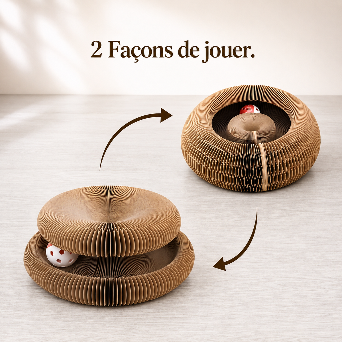 Griffoir pour chat transformable avec 2 façons de jouer, balle intégrée, stimulation mentale et surface de griffage en carton Catedo.