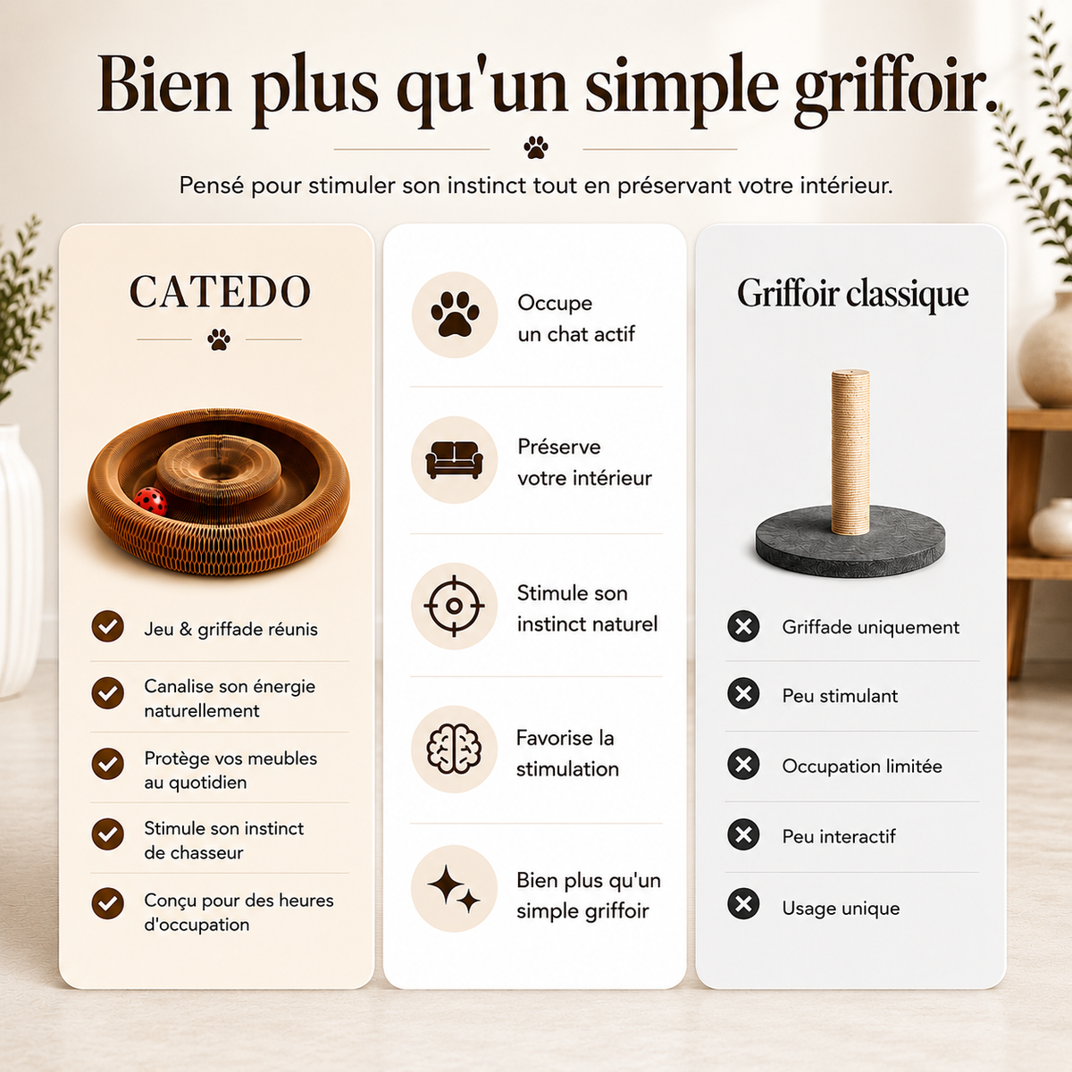 Comparatif griffoir pour chat Catedo 3-en-1 avec jeu interactif, stimulation mentale et griffage face à un griffoir classique pour chat d’intérieur.