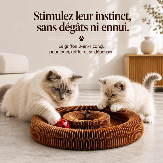 Griffoir pour chat 3-en-1 avec balle intégrée, espace de jeu, stimulation mentale et surface de griffage pour chat d’intérieur Catedo.
