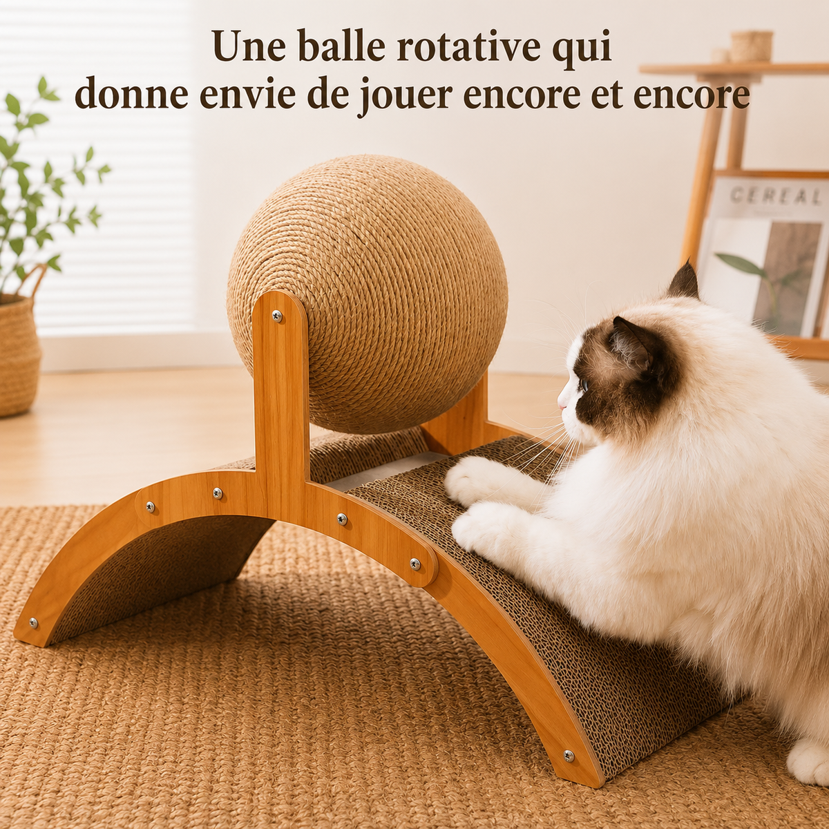 Chat Ragdoll aux yeux bleus jouant sur un griffoir multifonction en bois avec balle rotative en sisal et surface incurvée en carton à griffer.