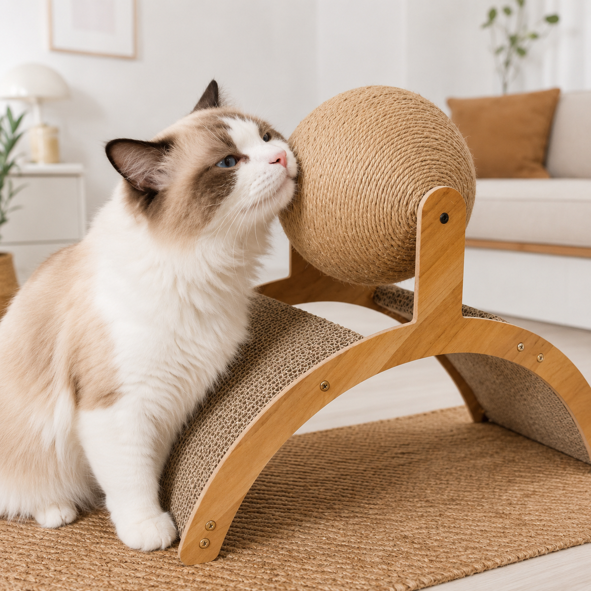 Chat Ragdoll aux yeux bleus se frottant contre la balle en sisal d’un griffoir multifonction en bois avec surface incurvée en carton à griffer.