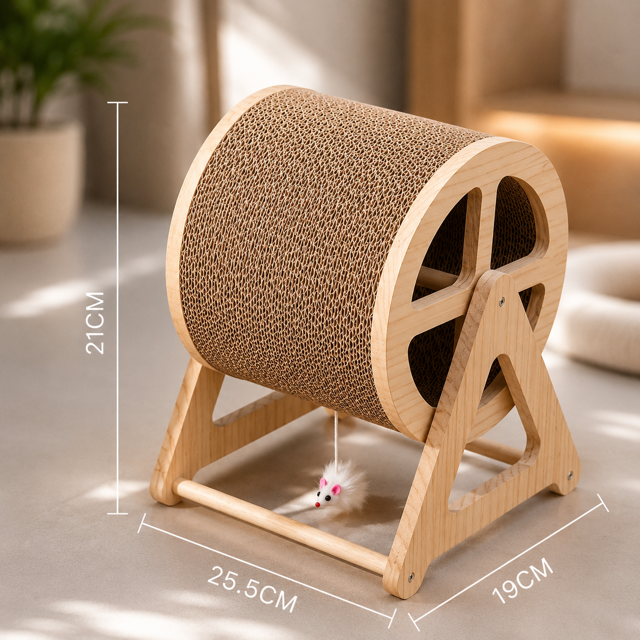 Griffoir pour chat en bois clair avec rouleau en carton alvéolé et dimensions visibles dans un intérieur moderne chaleureux et épuré.