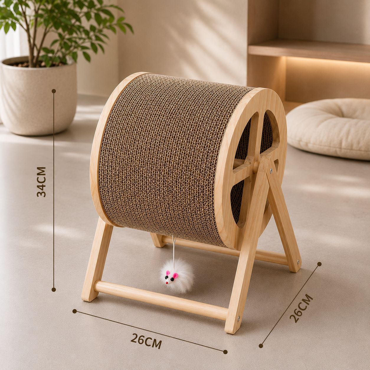 Griffoir pour chat en bois clair avec rouleau en carton robuste et dimensions visibles dans un intérieur moderne chaleureux et minimaliste.