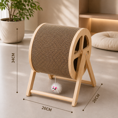 Griffoir pour chat en bois clair avec rouleau en carton robuste et dimensions visibles dans un intérieur moderne chaleureux et minimaliste.