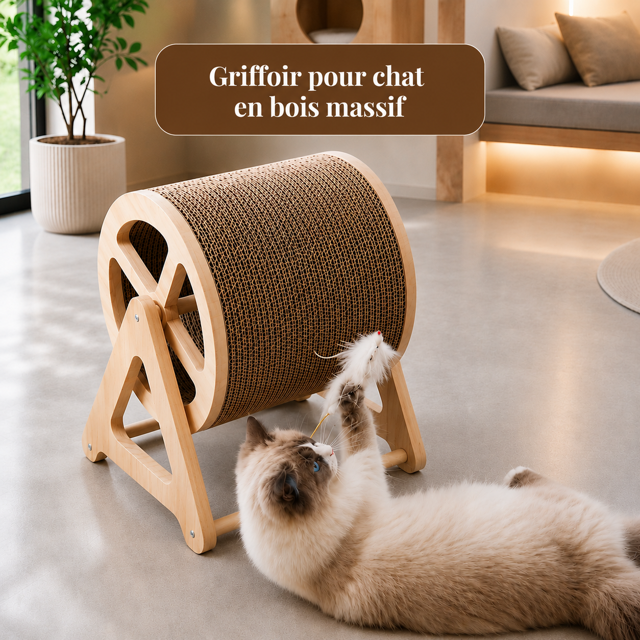 Chat Ragdoll jouant avec un griffoir pour chat en bois massif dans un intérieur moderne lumineux au style minimaliste haut de gamme.