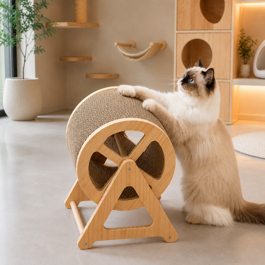 Chat Ragdoll jouant avec un griffoir pour chat en bois massif design dans un intérieur moderne et lumineux au style minimaliste premium.