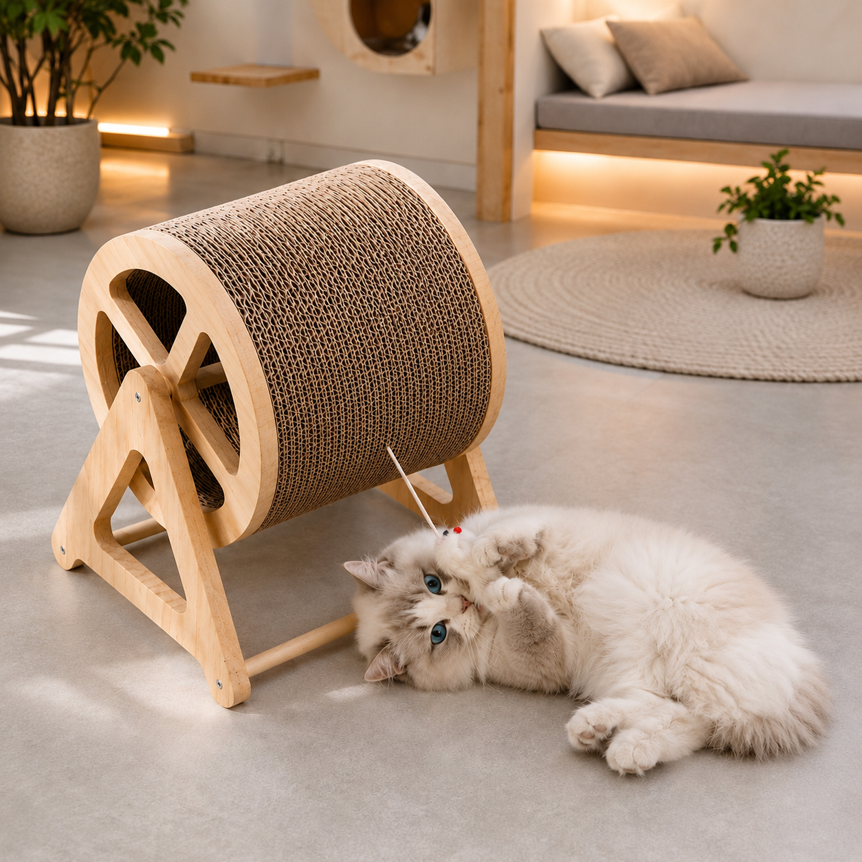 Chaton Ragdoll jouant avec un griffoir pour chat en bois naturel dans un salon moderne et lumineux au style minimaliste haut de gamme.
