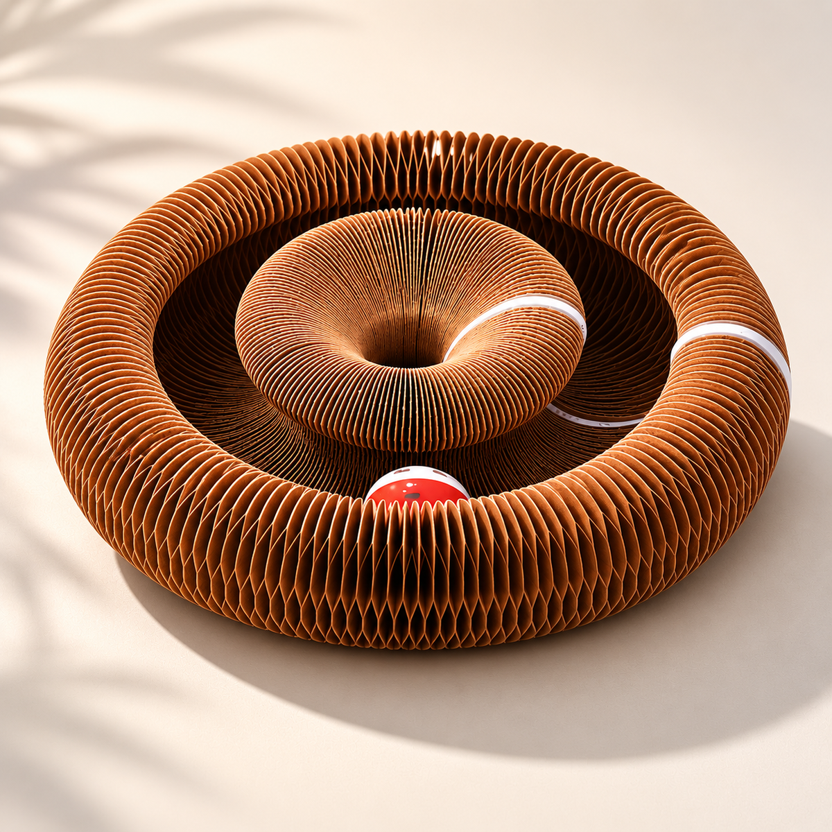 Griffoir pour chat Catedo en carton design en forme de spirale avec balle intégrée, jouet interactif et espace de griffage pour chat d’intérieur.