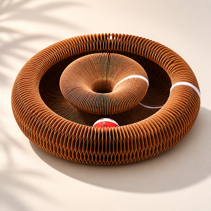 Griffoir pour chat Catedo en carton design en forme de spirale avec balle intégrée, jouet interactif et espace de griffage pour chat d’intérieur.