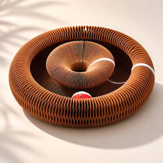 Griffoir pour chat Catedo en carton design en forme de spirale avec balle intégrée, jouet interactif et espace de griffage pour chat d’intérieur.