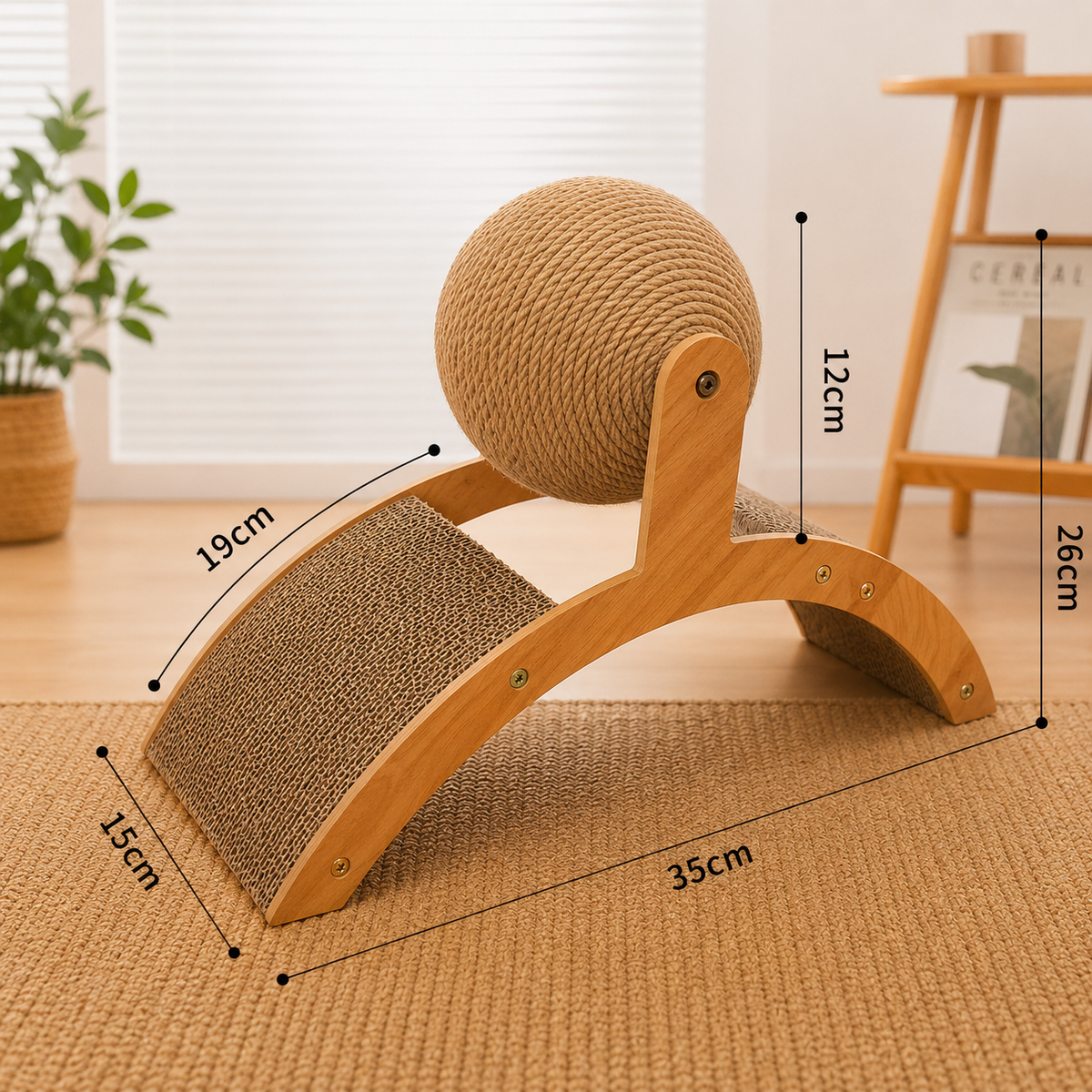 Griffoir multifonction pour chat en bois avec balle rotative en sisal et surfaces incurvées à griffer, dimensions 35 cm de longueur, 15 cm de largeur et 26 cm de hauteur.