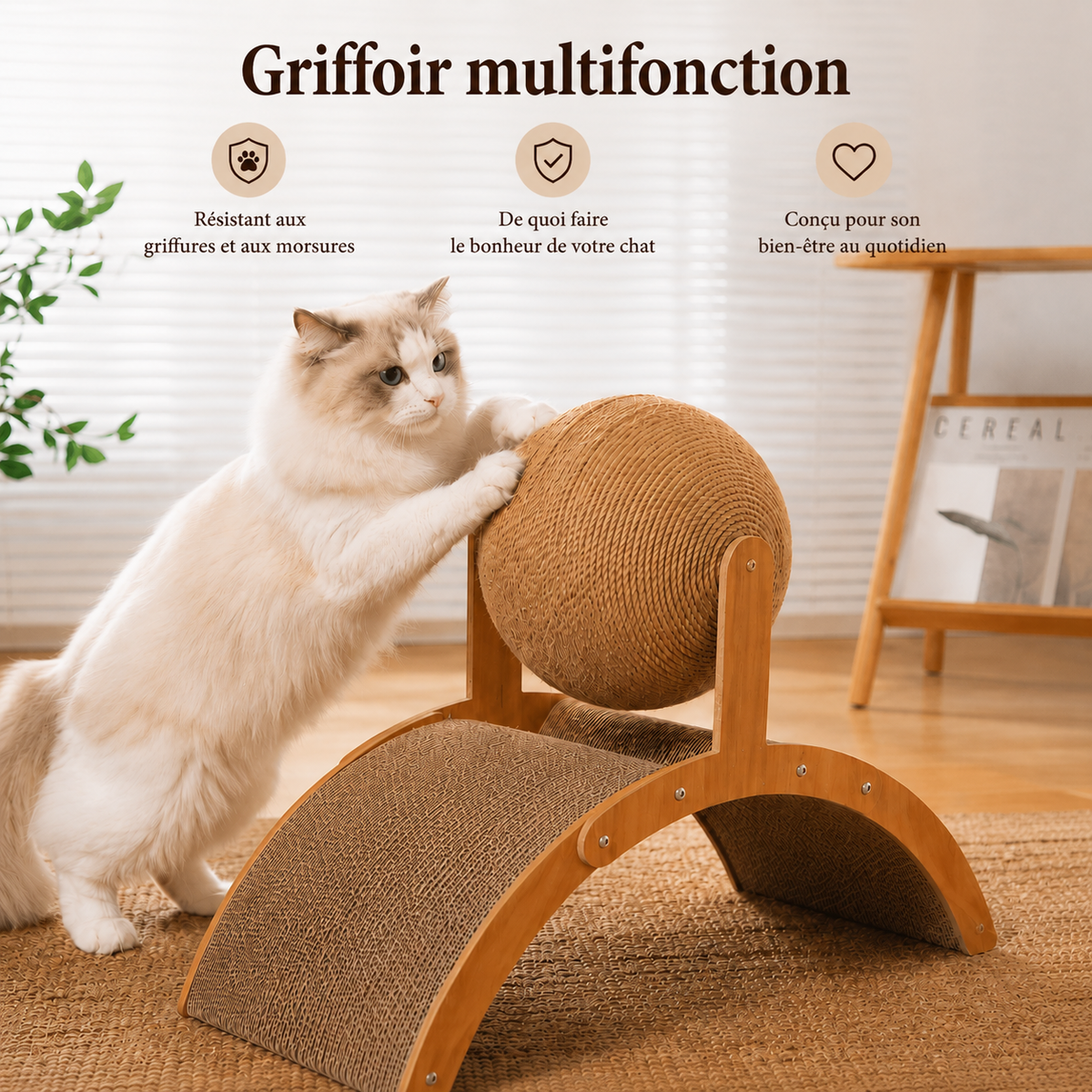 Chat Ragdoll aux yeux bleus utilisant un griffoir multifonction en bois avec balle rotative en sisal et surfaces incurvées à griffer, dans un intérieur lumineux.