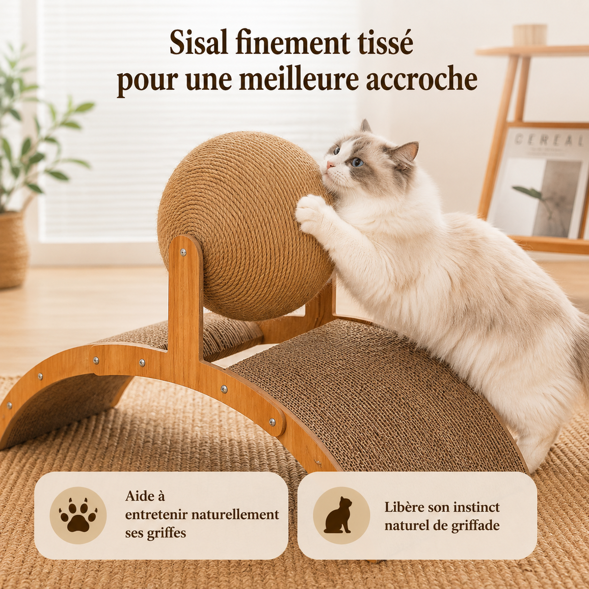 Chat Ragdoll aux yeux bleus faisant ses griffes sur un griffoir multifonction en bois avec balle rotative en sisal finement tissé et surface incurvée à griffer.