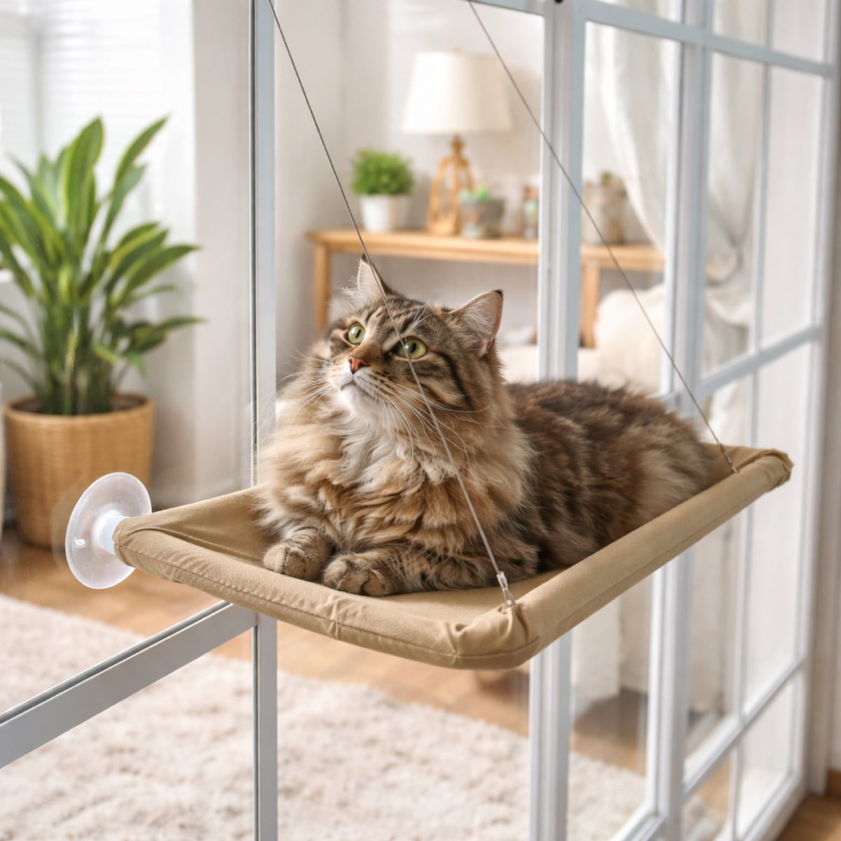 Hamac pour chat beige fixé par ventouses sur une fenêtre de salon, un Maine Coon allongé observe l'extérieur Catedo
