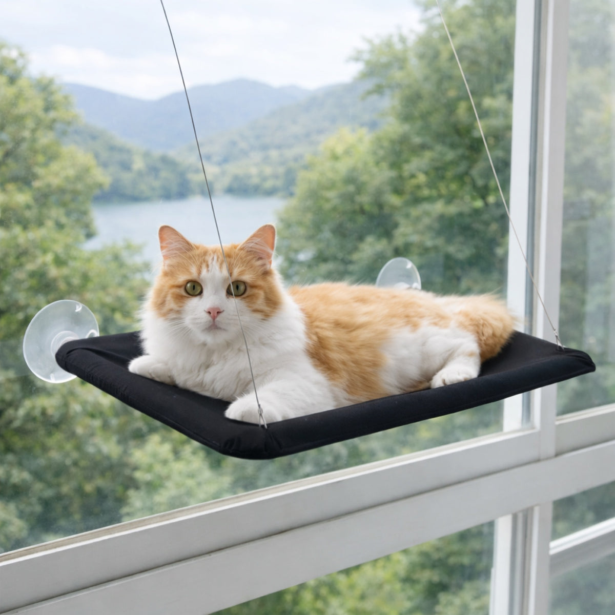 Hamac pour chat de fenêtre noir à ventouses, chat allongé sur la toile tendue devant une baie vitrée Catedo