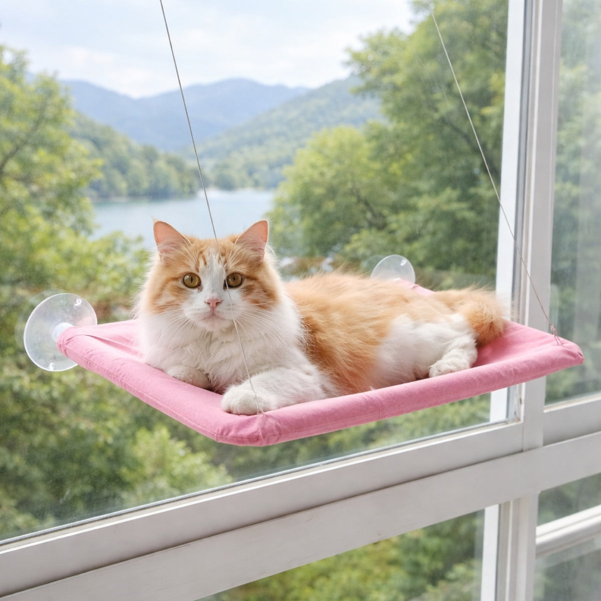 Hamac pour chat rose à ventouses posé contre la vitre, chat au repos profitant de la lumière du jour Catedo