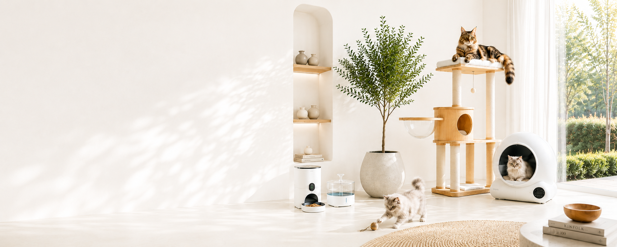 Salon lumineux Catedo : chaton joueur, Maine Coon sur arbre à chat en bois, litière automatique, fontaine et distributeur de croquettes