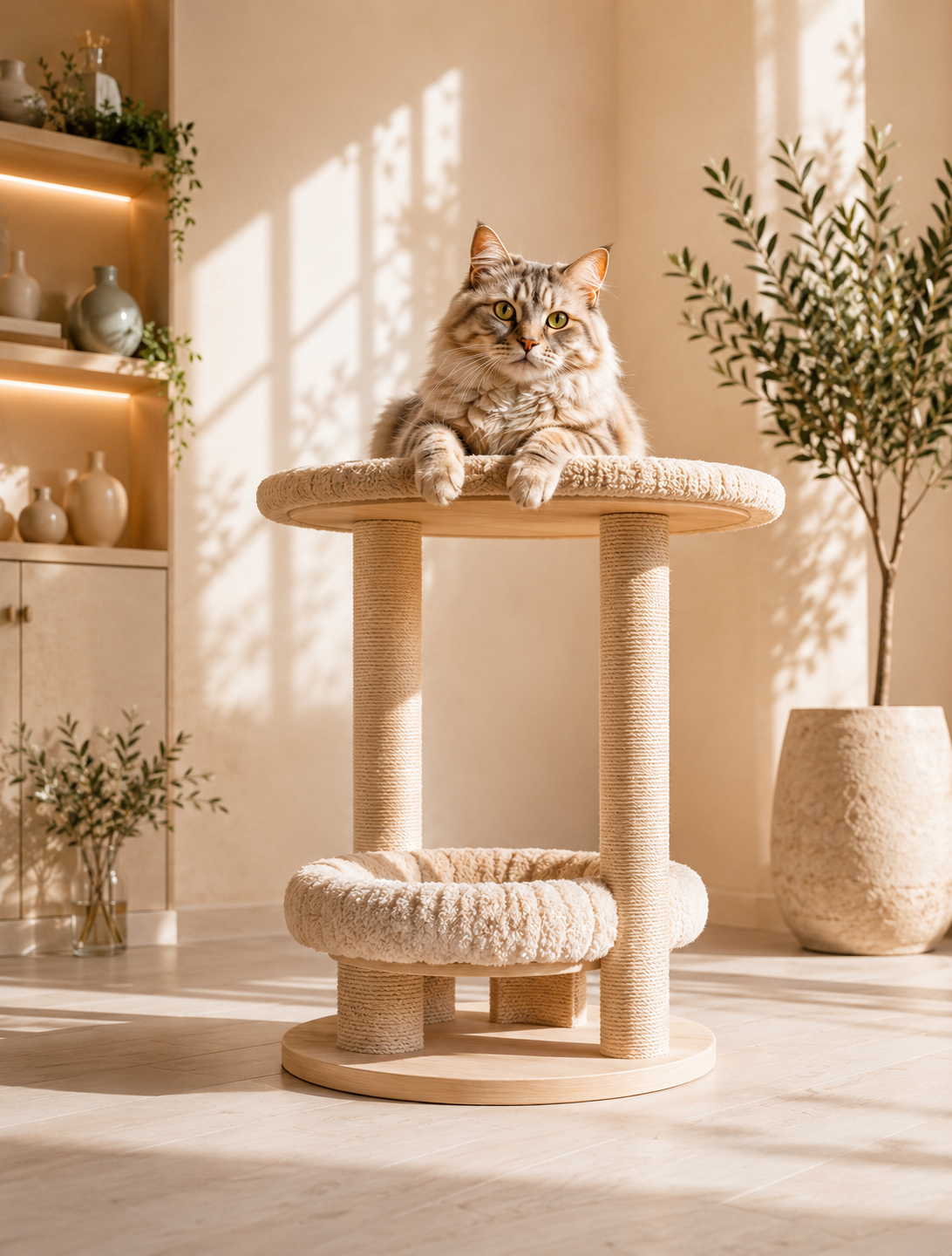 Salon lumineux Catedo : chaton joueur, Maine Coon sur arbre à chat en bois, litière automatique, fontaine et distributeur de croquettes