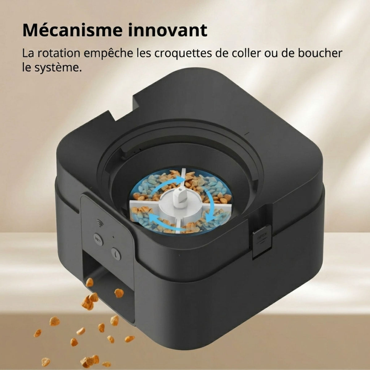 mécanisme rotatif anti-bouchon distributeur automatique de croquettes pour chat