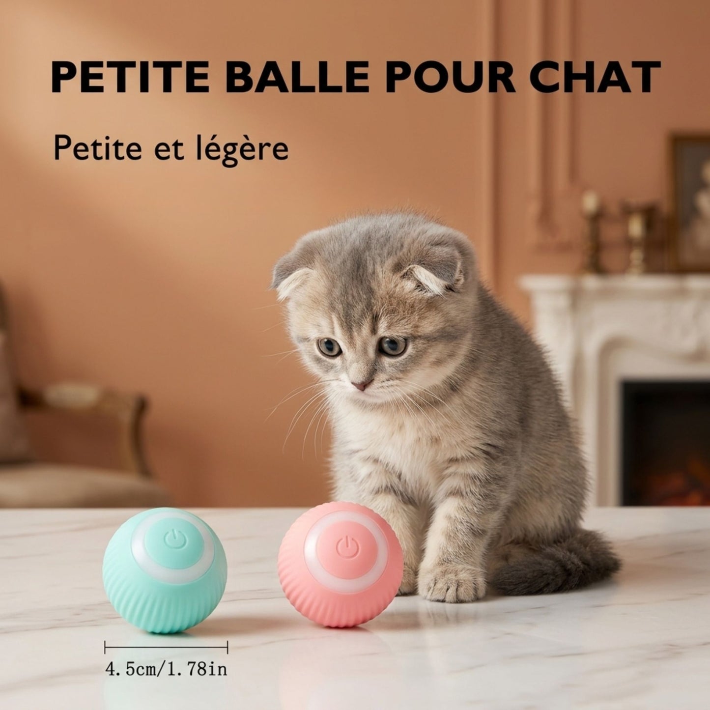petite balle interactive chat 4.5cm rose et menthe chaton scottish fold salon cheminée