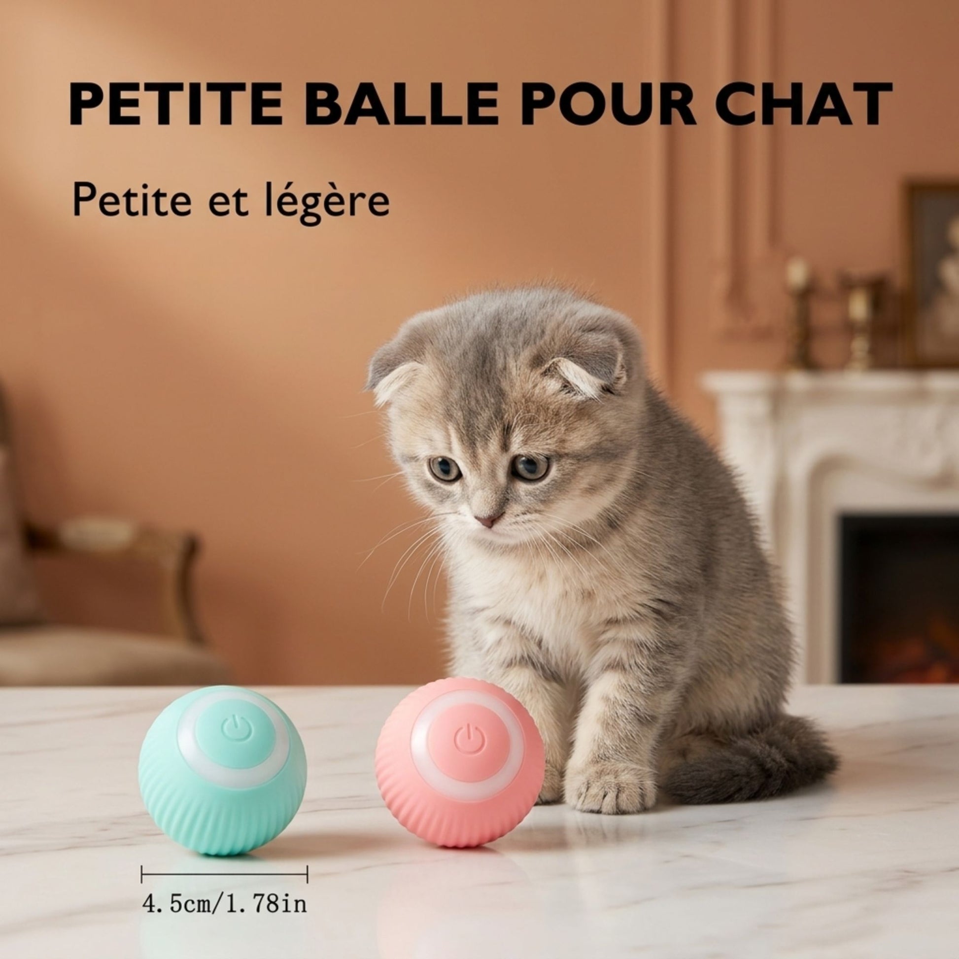 petite balle interactive chat 4.5cm rose et menthe chaton scottish fold salon cheminée
