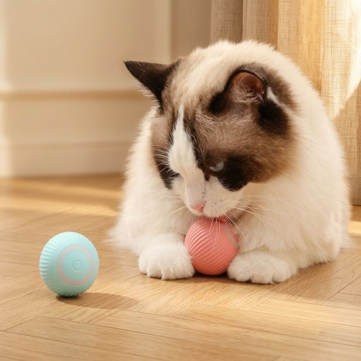 jouet balle silicone rose et menthe chat blanc mordant balle rose parquet chevrons