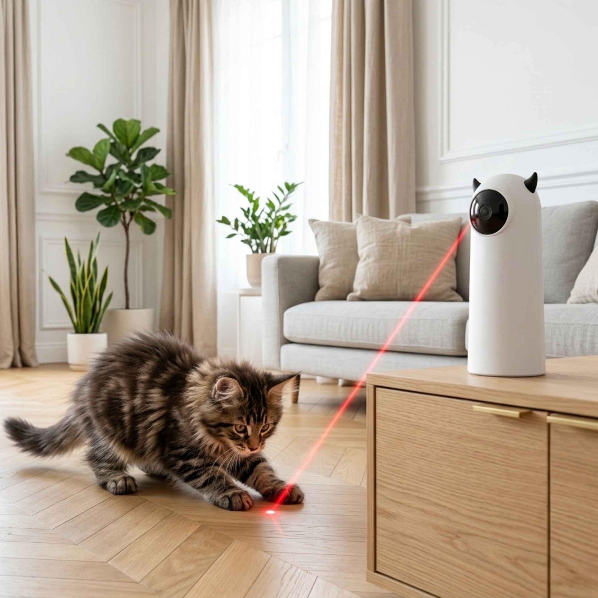 Chaton tigré jouant avec un laser rouge projeté par un jouet automatique blanc en forme de chat