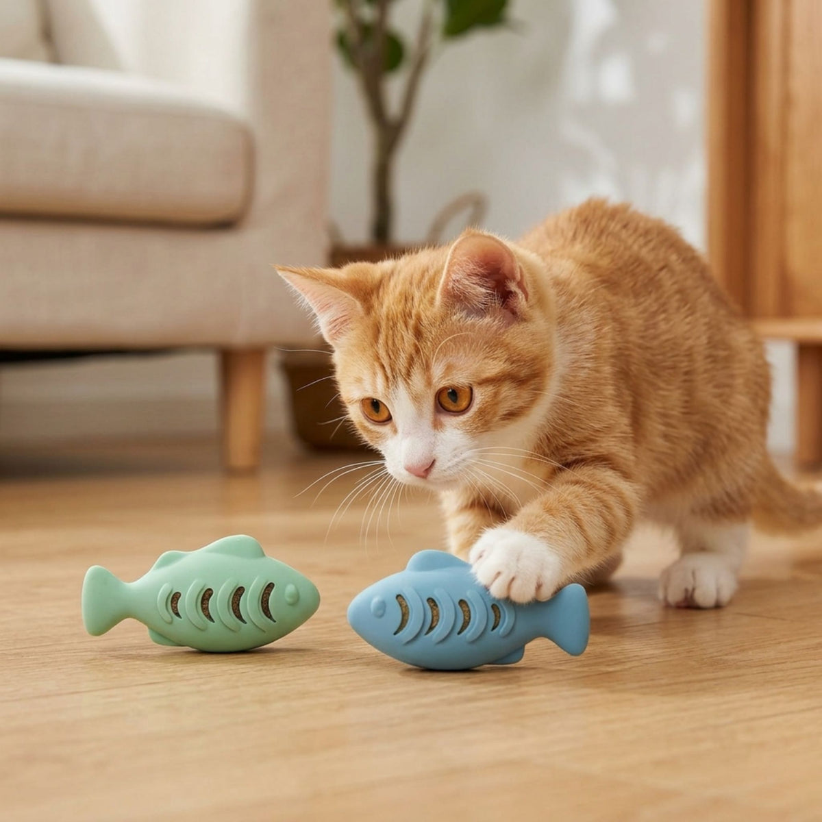 Chaton roux jouant avec deux jouets poisson distributeurs de croquettes en silicone, coloris vert mint et bleu, sur parquet clair, ambiance intérieur cosy
