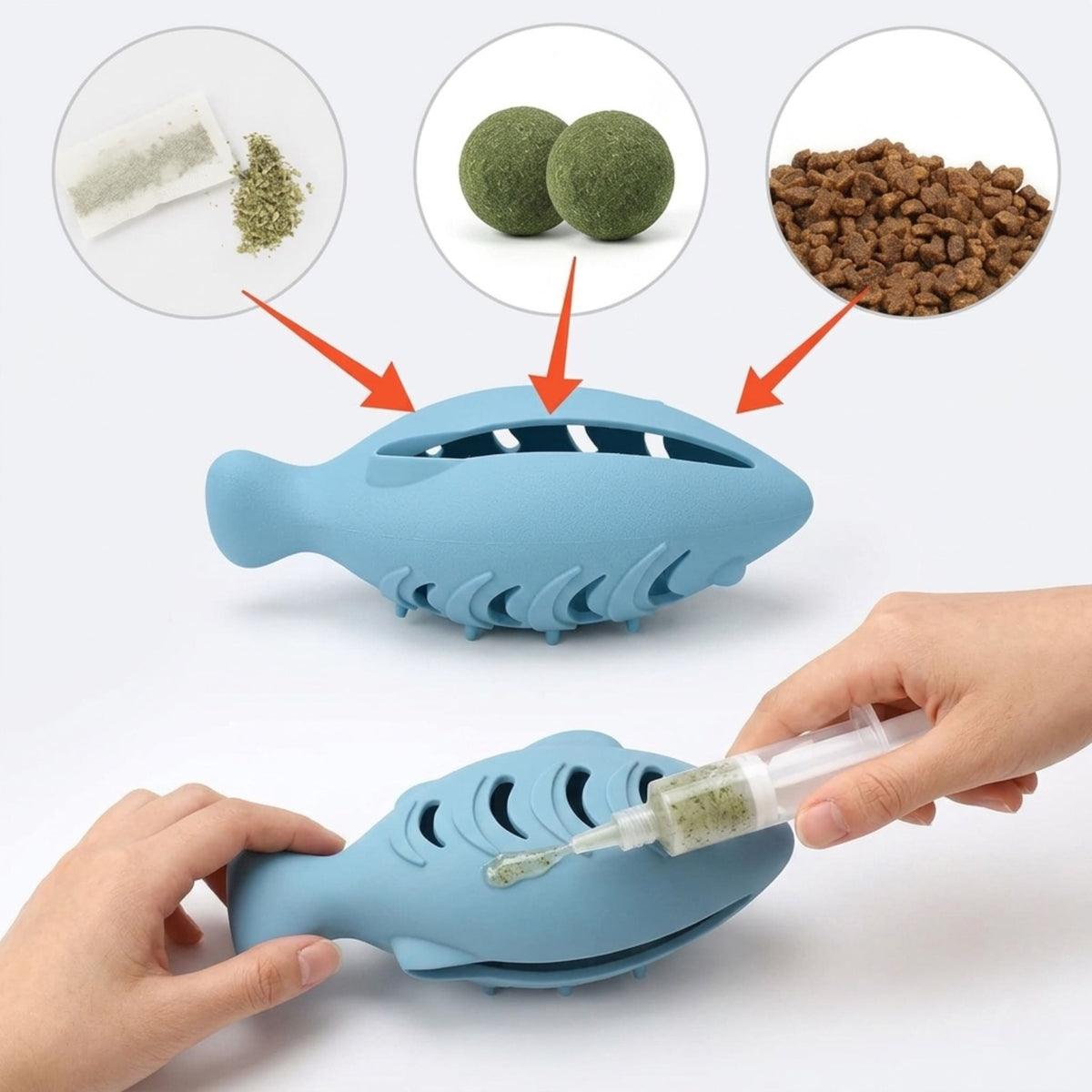 Jouet poisson distributeur pour chat en silicone bleu, compatible herbe à chat, balles matatabi et croquettes, démonstration de remplissage avec seringue
