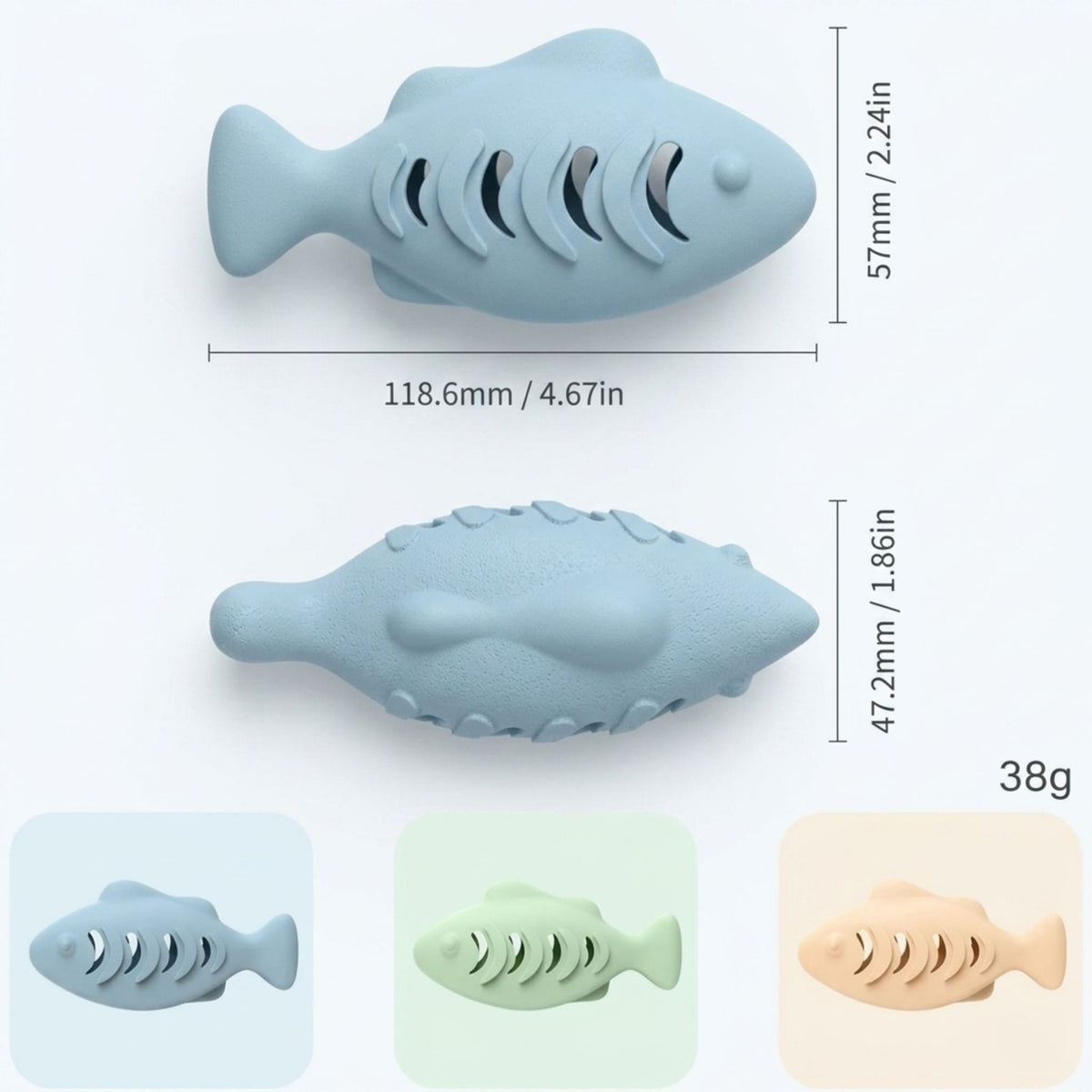 fiche dimensions jouet poisson distributeur pour chat en silicone, 118,6 x 57 mm, 38g, disponible en bleu, vert mint et saumon