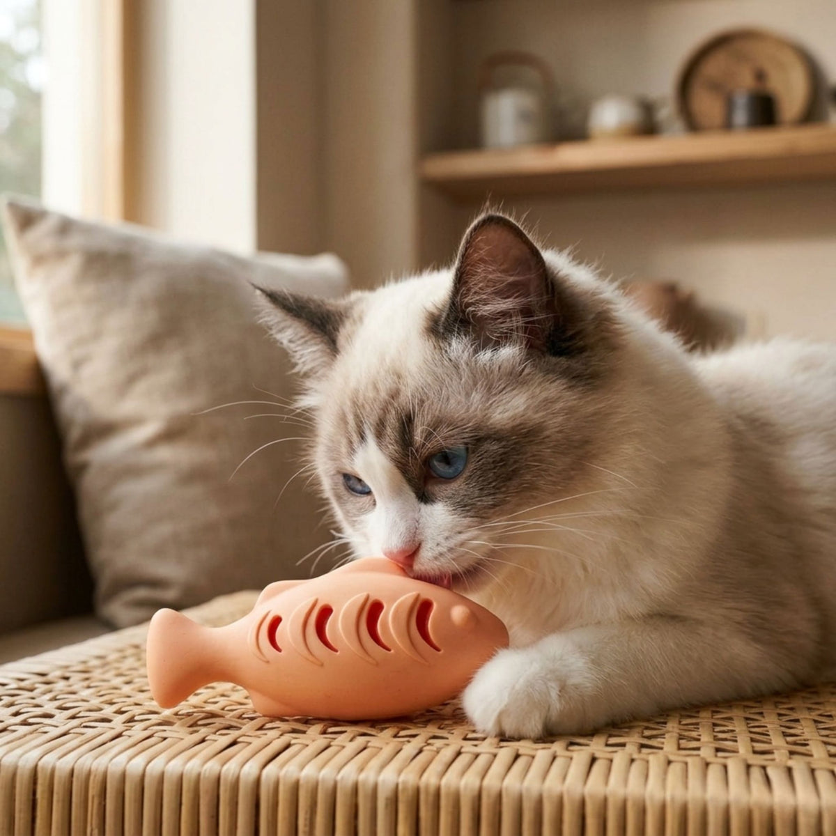 Chaton Ragdoll aux yeux bleus mordillant un jouet poisson en silicone couleur pêche sur surface en rotin, ambiance intérieur cosy