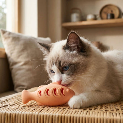 Chaton Ragdoll aux yeux bleus mordillant un jouet poisson en silicone couleur pêche sur surface en rotin, ambiance intérieur cosy