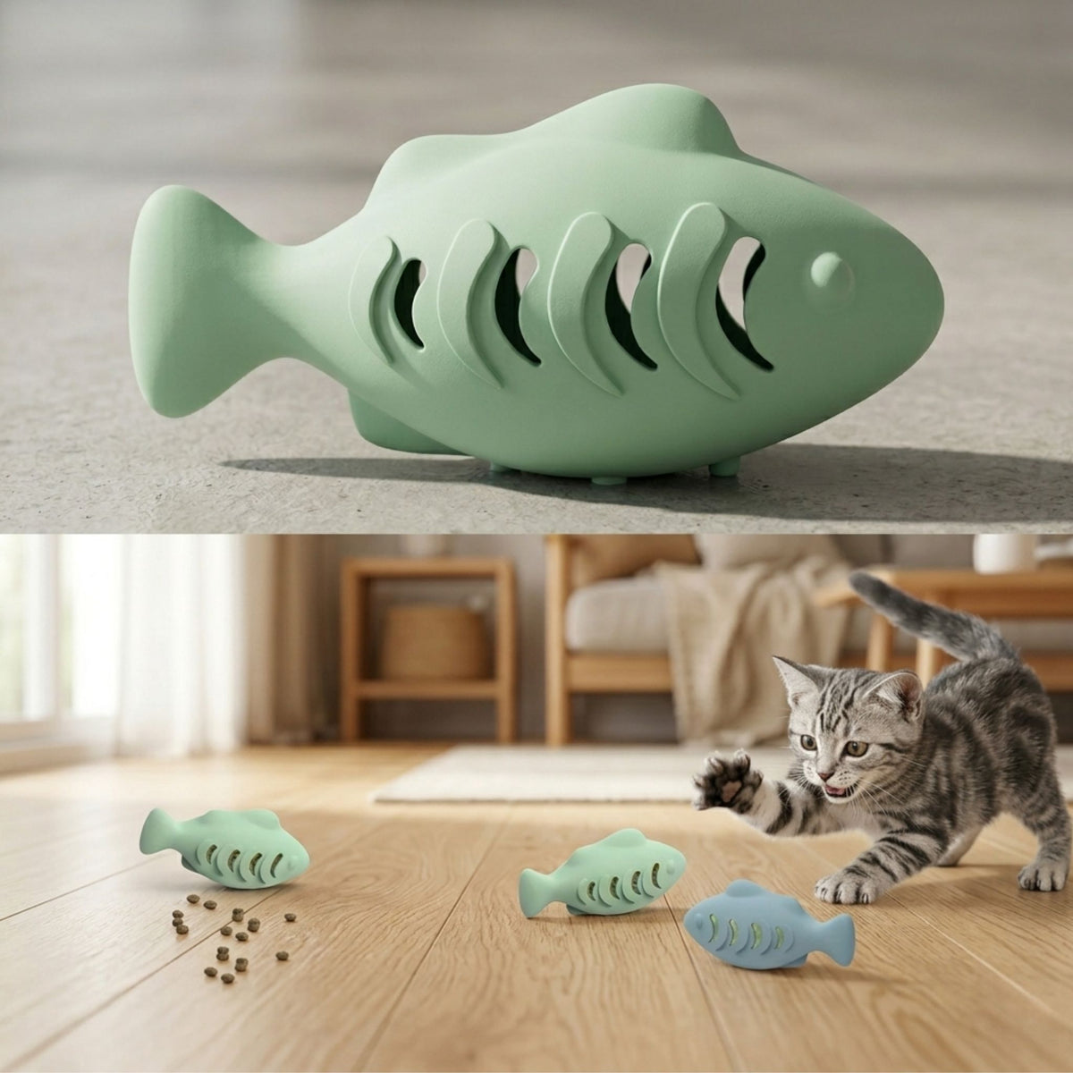 Jouet poisson distributeur en silicone vert mint, vue produit et mise en situation avec chaton tigré jouant sur parquet, ambiance salon scandinave