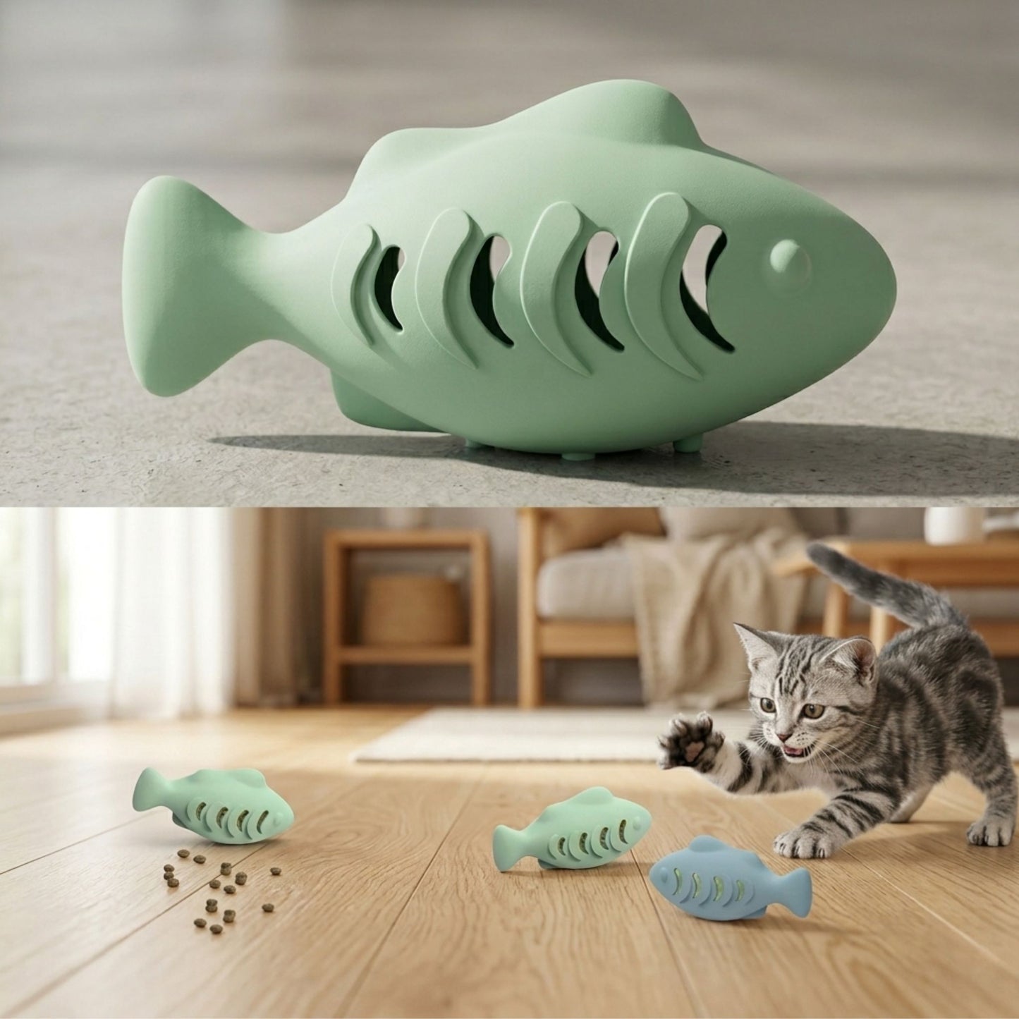 Jouet poisson distributeur en silicone vert mint – vue produit et mise en situation avec chaton tigré jouant sur parquet, ambiance salon scandinave