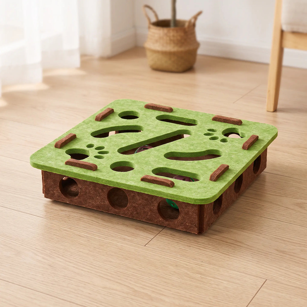 Jouet puzzle pour chat en feutre vert olive posé sur un parquet clair, plateau carré ajouré sur un caisson brun