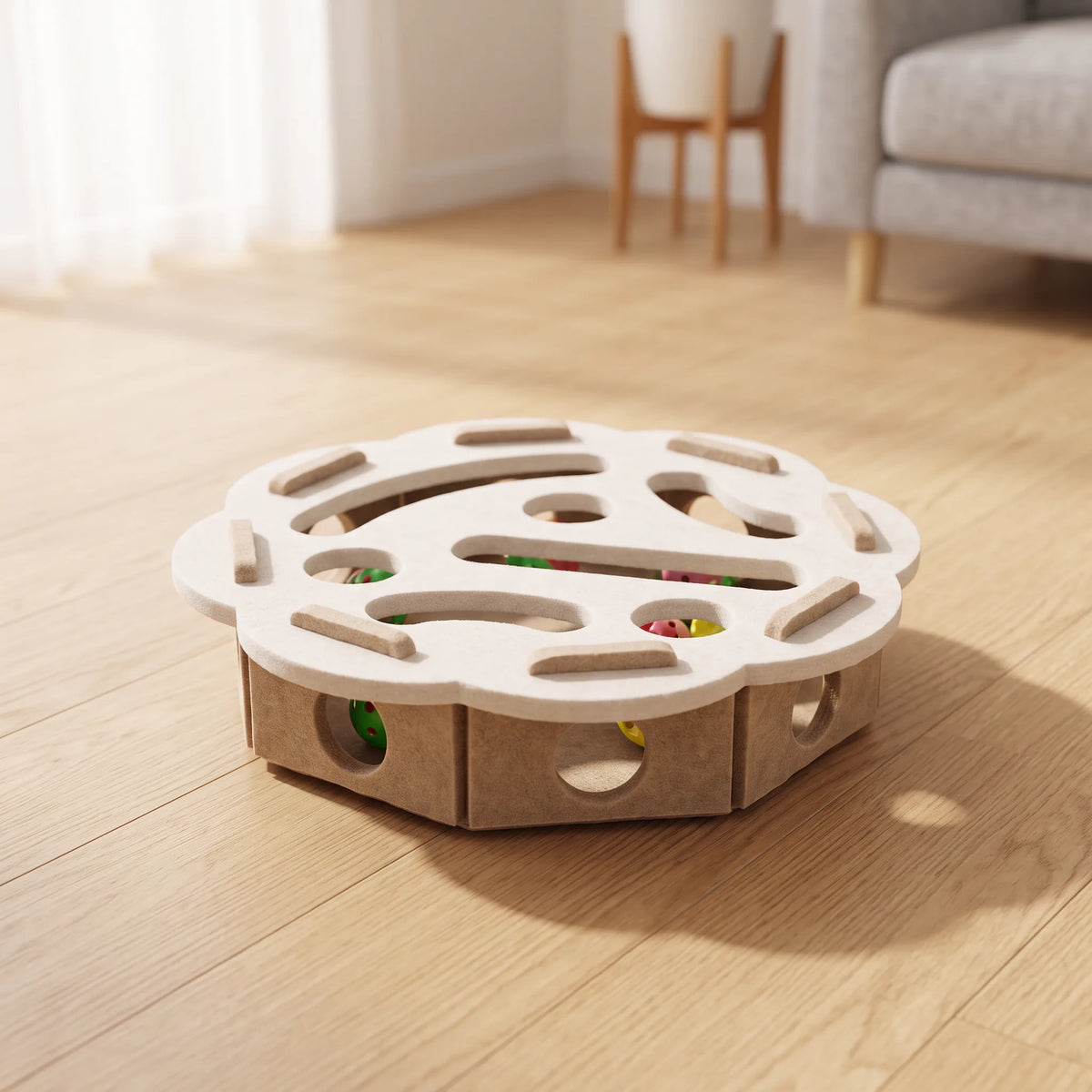 Jouet puzzle pour chat au plateau festonné ivoire sur caisson beige, posé sur un parquet clair