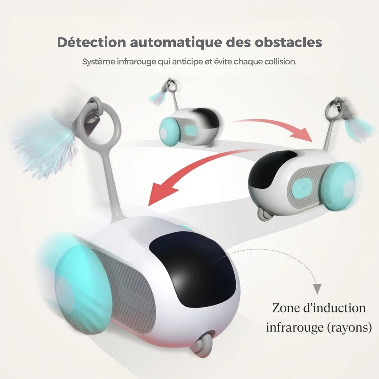 Infographie voiture téléguidée pour chat avec système de détection automatique des obstacles infrarouge et trajectoire d'évitement