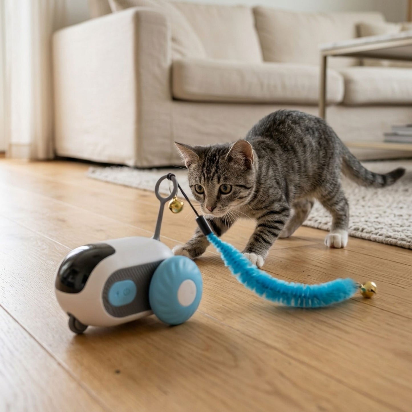 Chaton tigré gris jouant avec une voiture téléguidée interactive blanche et bleue sur parquet clair, ambiance salon scandinave